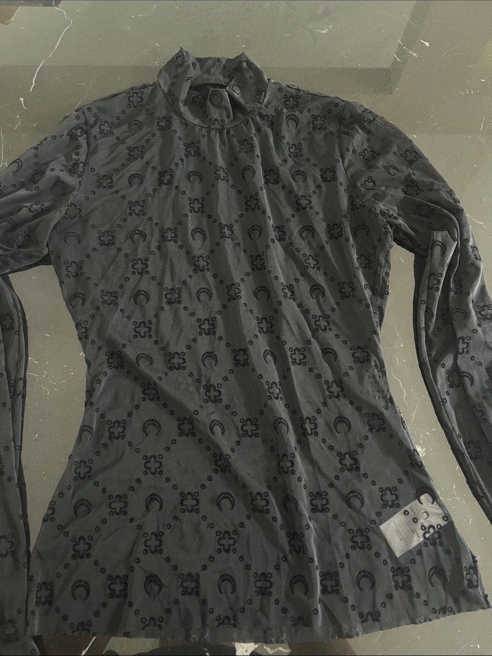 Marine Serre Black Velvet-Print Mock Neck Long Sleeve Top